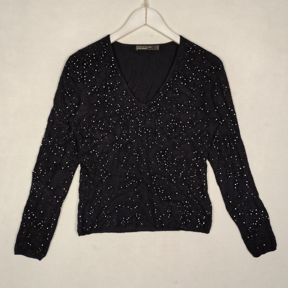 Lord & Taylor Two Ply Cashmere Sequin V-Neck Sweater Black Womens Medium